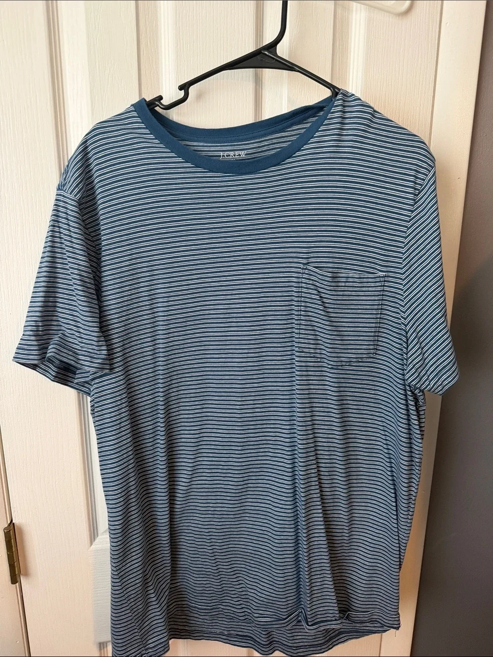 J. Crew Men's Navy and White Striped Pocket Tee